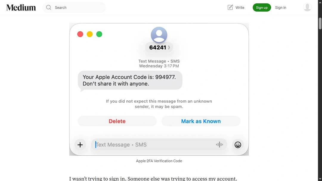 A screenshot of an authentic Apple SMS sent by scammers to Eric Moret.
