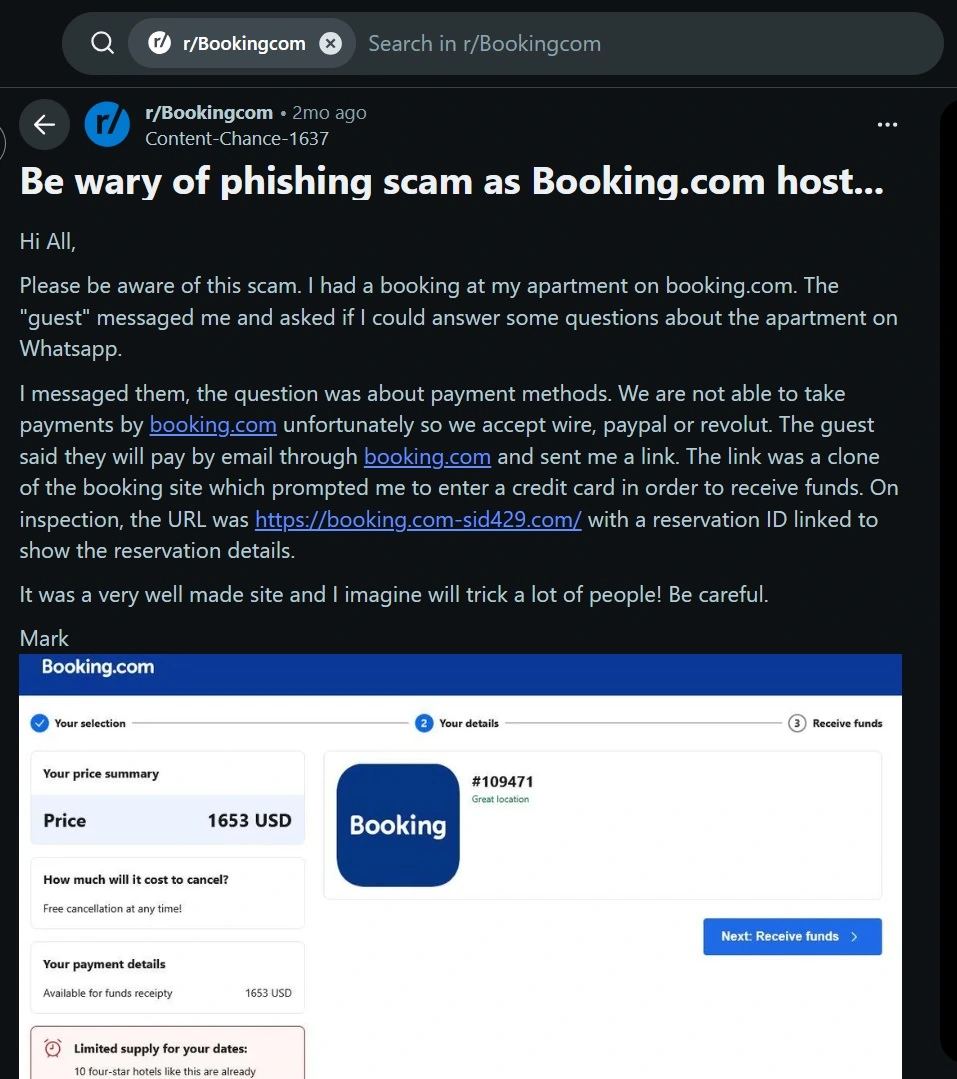 A screenshot of the 2-month-old Reddit post warning users about a phishing Booking scam.