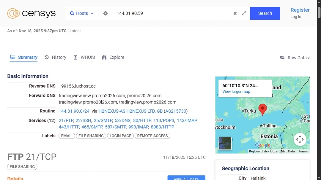 A screenshot of the Censys reverse IP search.