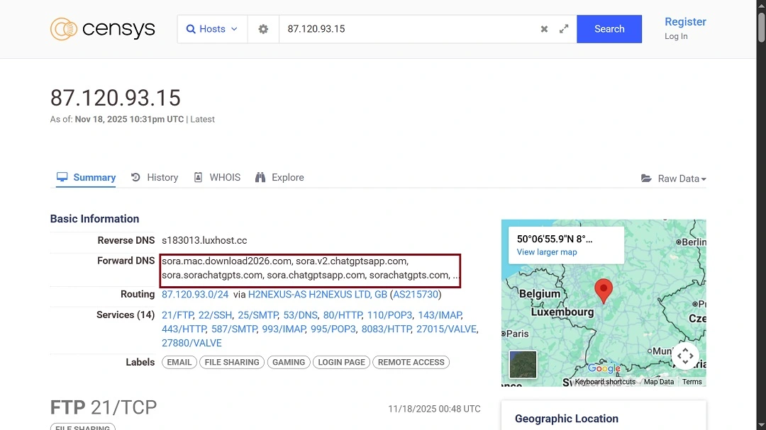 A screenshot showing one of the IP addresses that appear in the Censys reverse IP search.