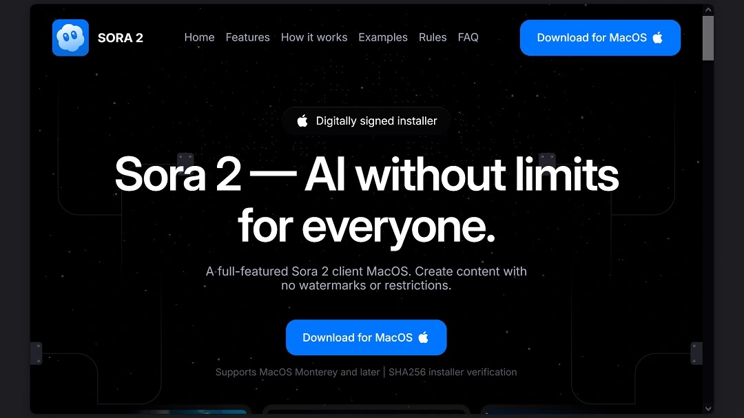 A screenshot of the fake Sora 2 impersonation site used to distribute macOS malware.