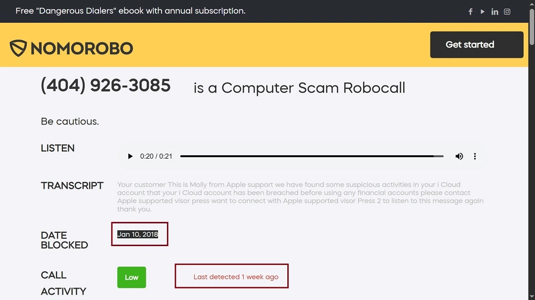 A screenshot showing that an Apple phone number is a "robocall" and has been spoofed since at least 2018.