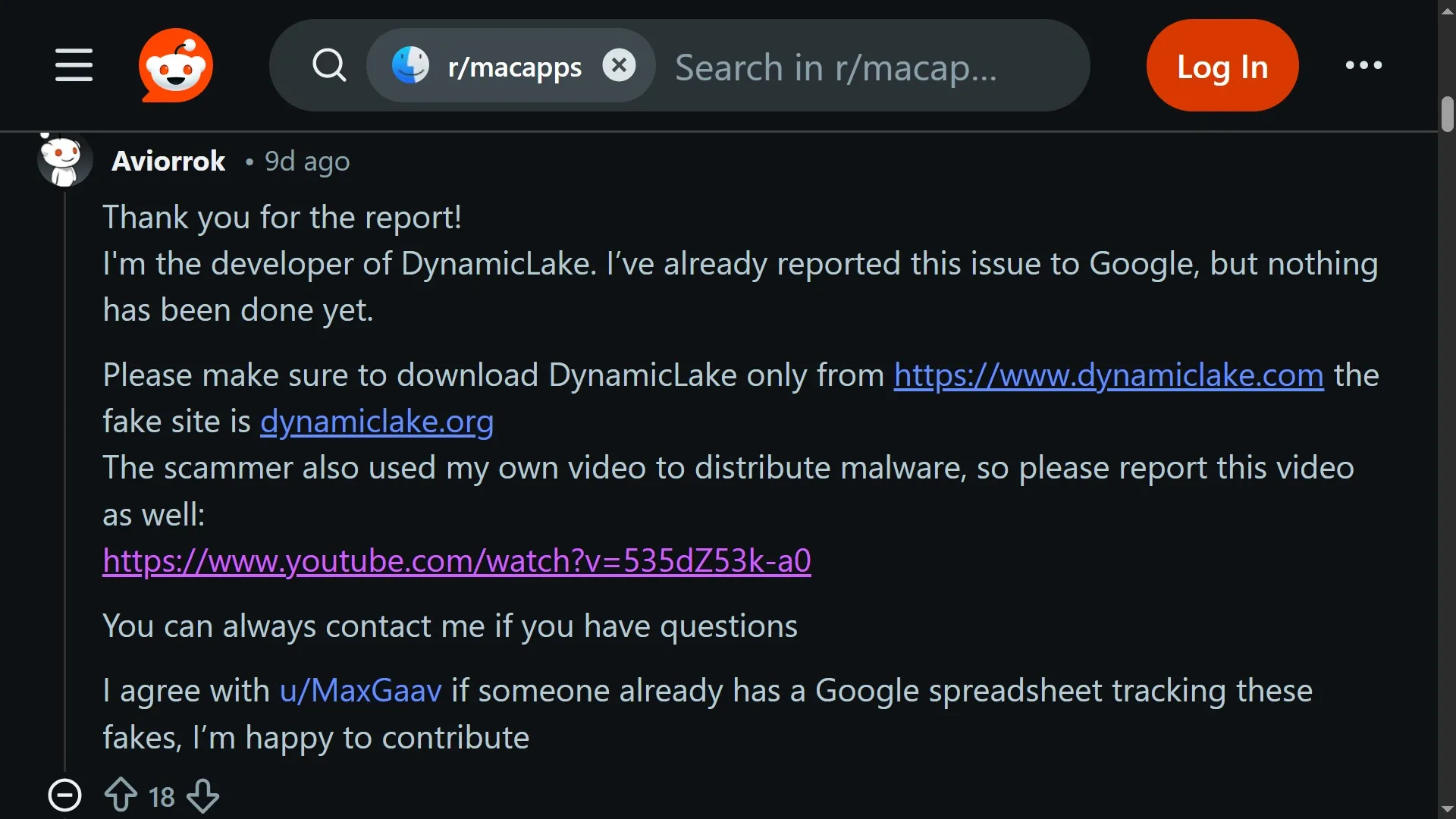 A screenshot of a Reddit post by DynamicLake's legit developer, setting the record straight.