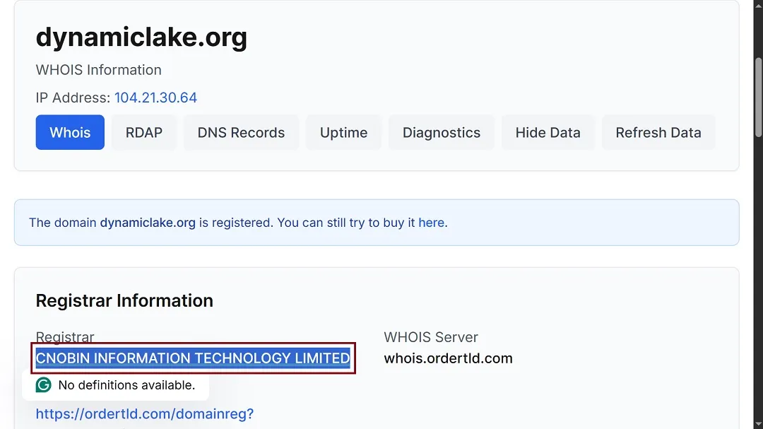 A screenshot of WHOIS information showing CNOBIN as the register of the fake DynamicLake domain.