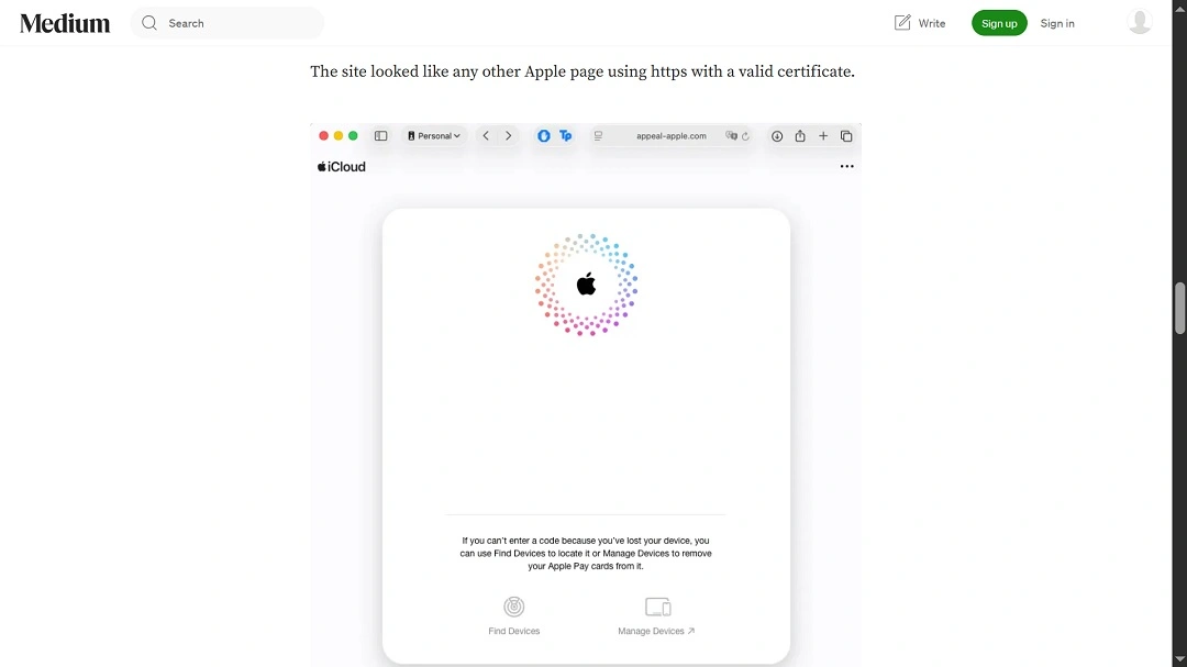 A screenshot of the well-designed phishing page that the scammers used to trick Eric Moret into giving away a real Apple 2FA code.