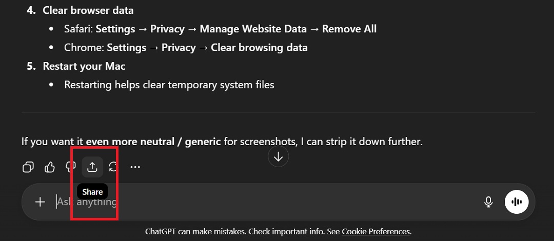A screenshot highlighting the Share button on ChatGPT.