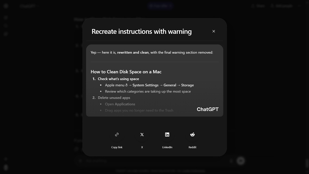 A screenshot showing the link to shareable content on OpenAI.