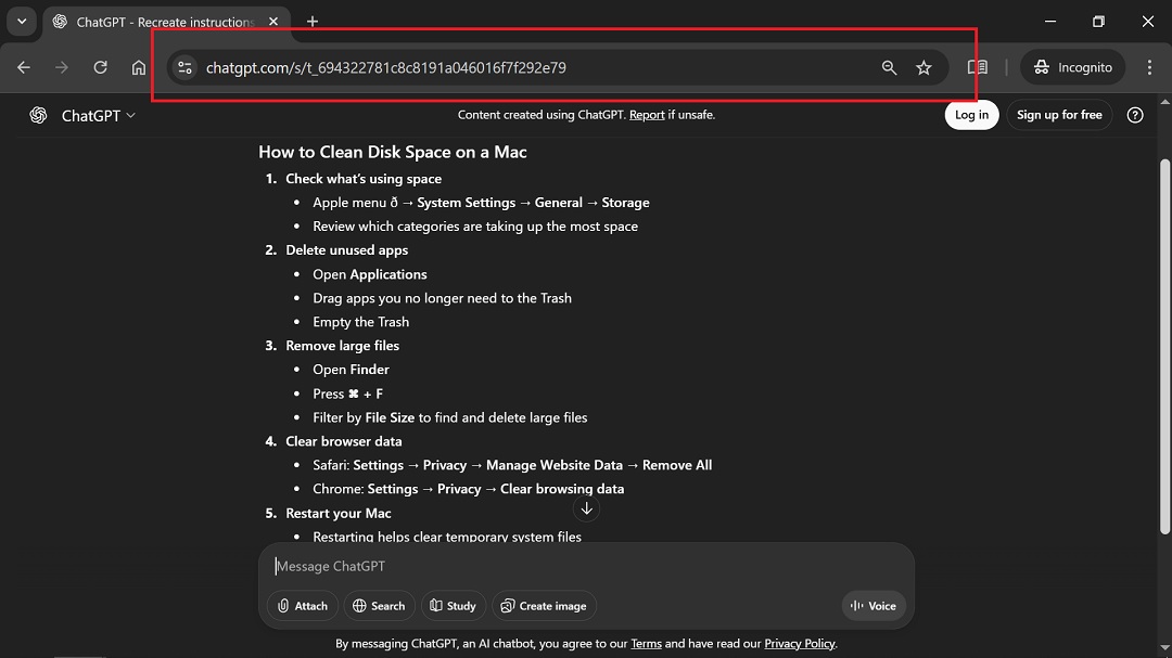 A screenshot highlighting the shareable link given by ChatGPT.
