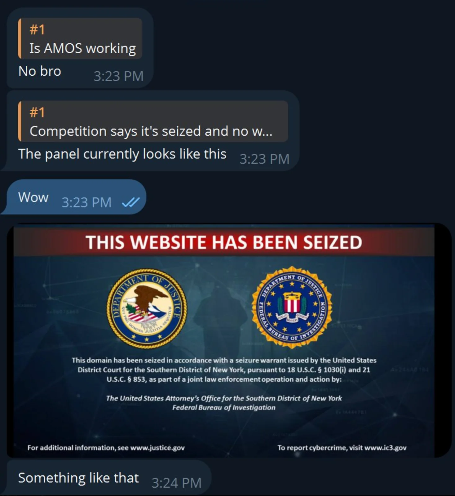 A screenshot of a chat thread, with users discussing the AMOS disappearance.