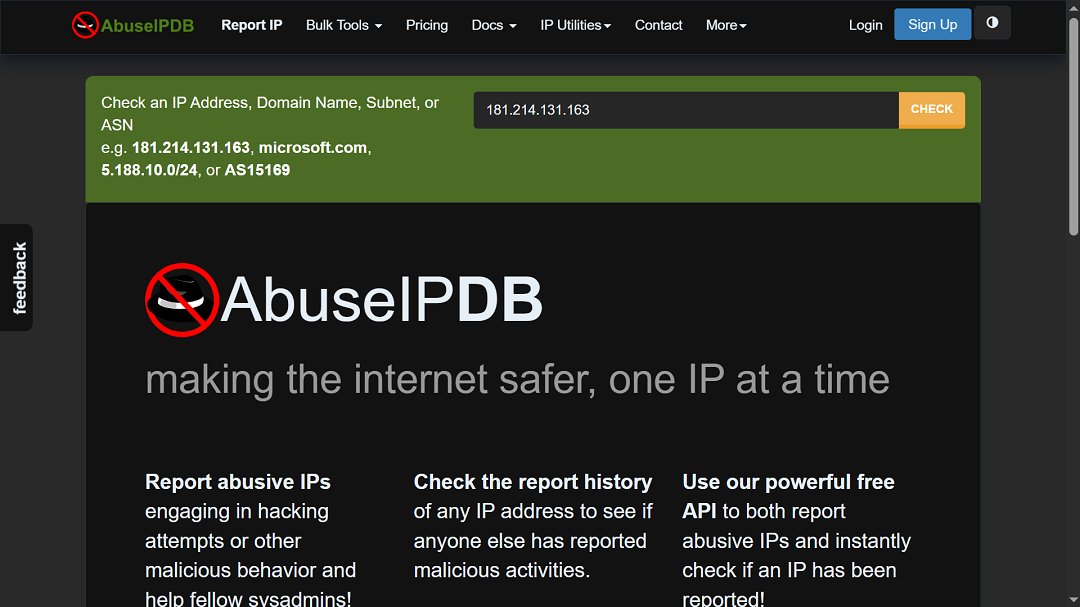 A screenshot of AbusePDB, another free tool users can leverage to check their IP.
