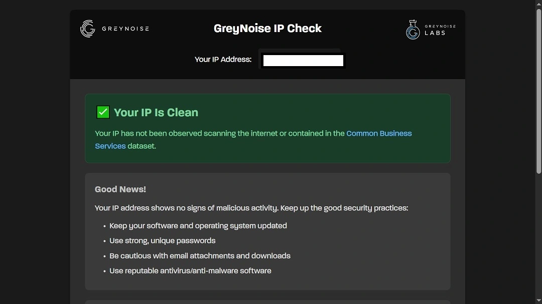 A screenshot of GreyNoise IP Check revealing a clean IP.