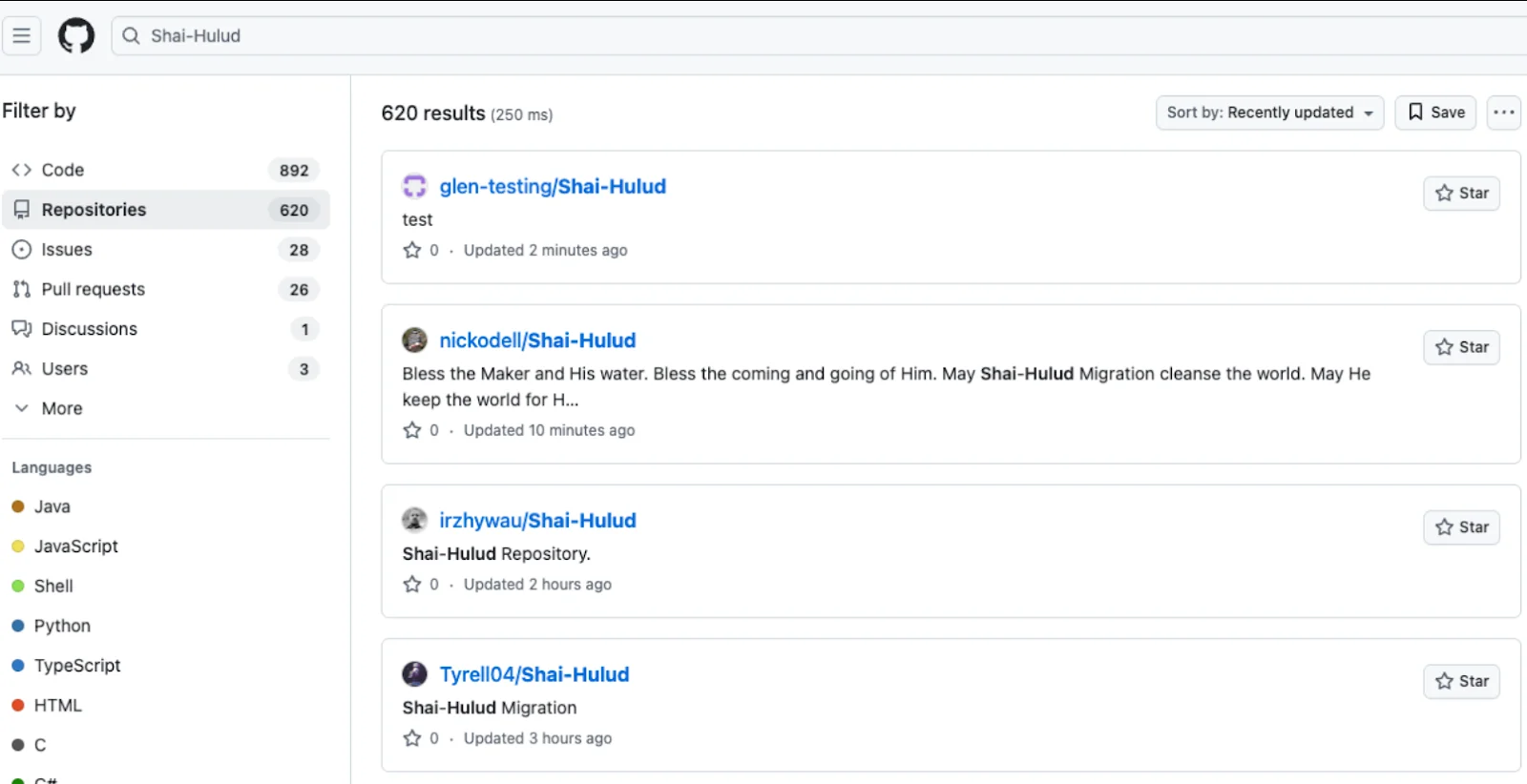 A screenshot of the GitHub search results for "Shai-Hulud" repositories.