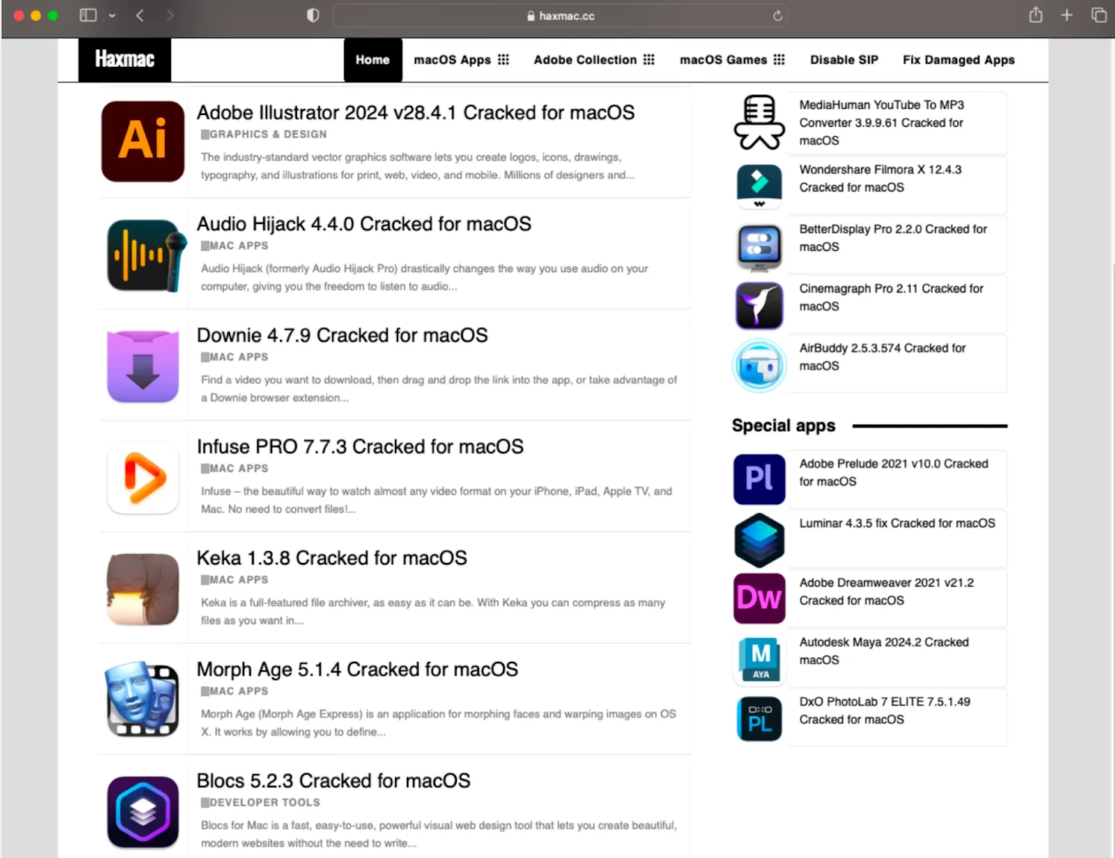 A screenshot showing a website featuring infected cracked apps.