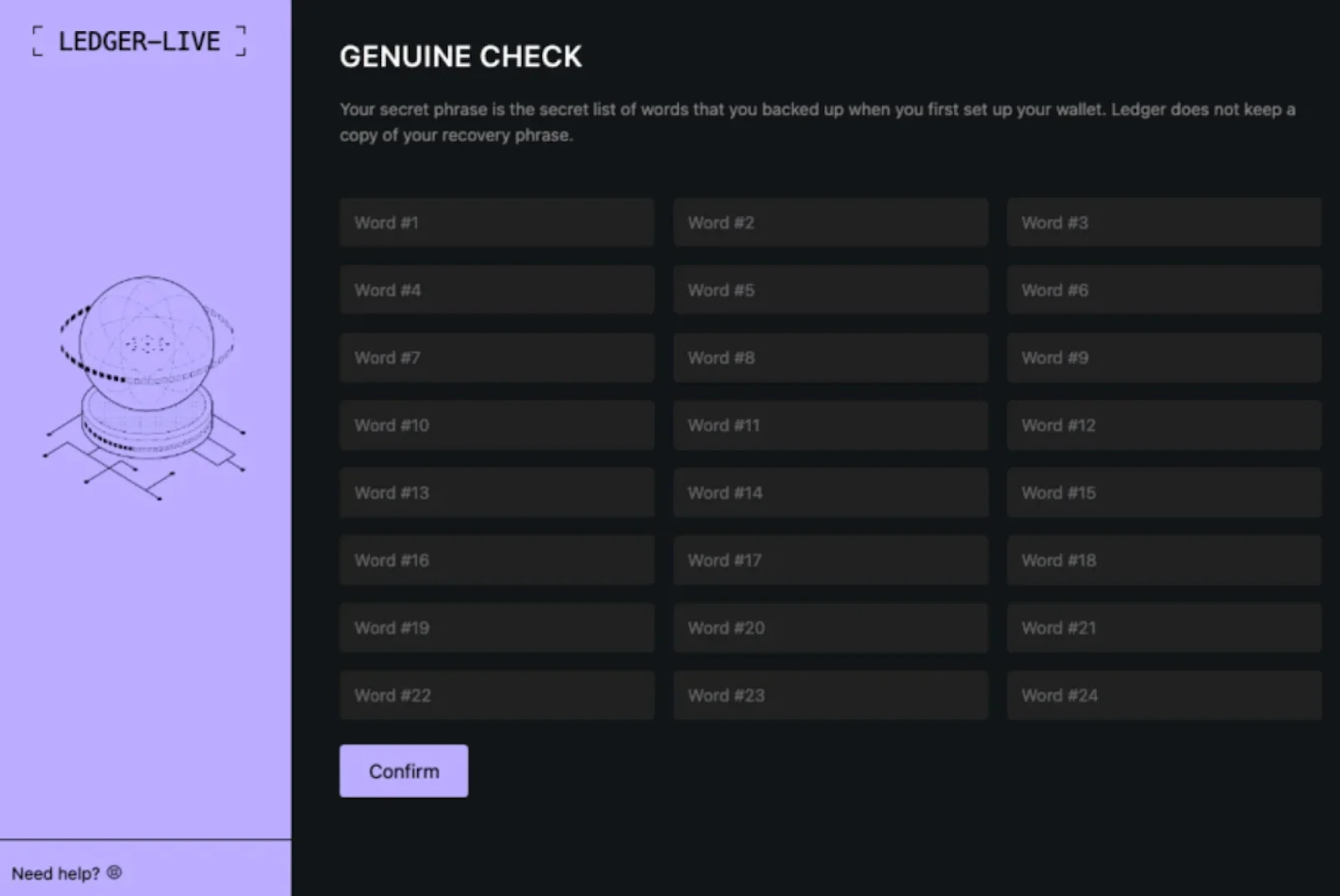 A screenshot of the LedgerLive Genuine Check screen.
