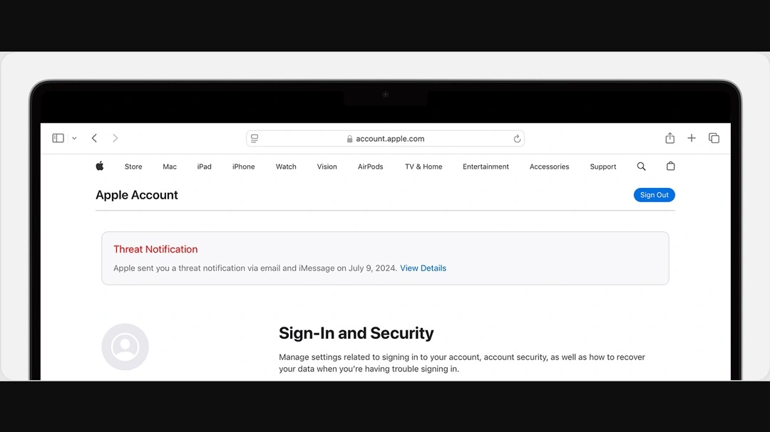 An official Apple Support spyware threat notification.