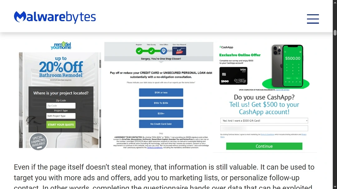 Screenshots of coupon and gift card scams shared by Malwarebytes.