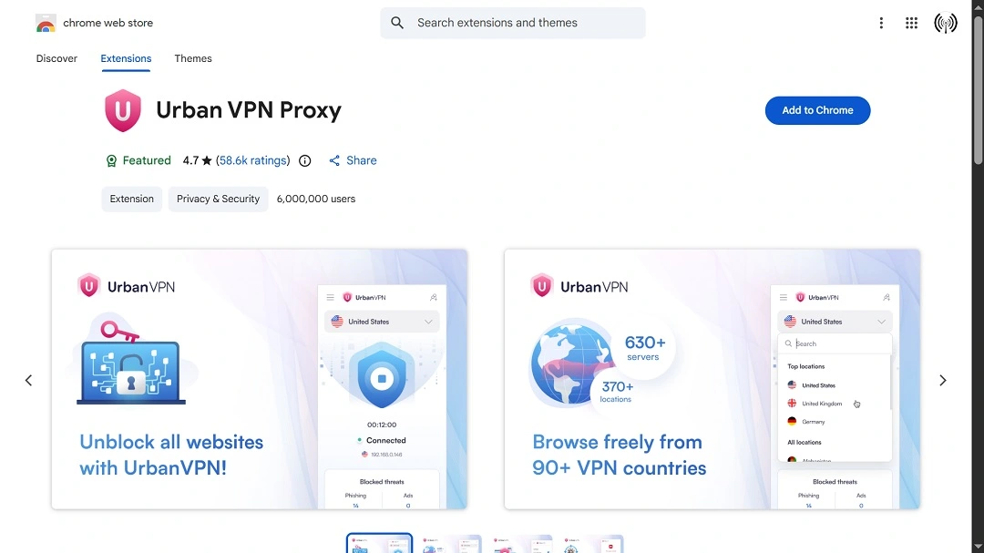 A screenshot of the Urban VPN Proxy extension on the Chrome Web Store.