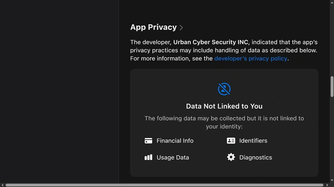 A screenshot of the privacy disclosure of Urban VPN for iPhone.