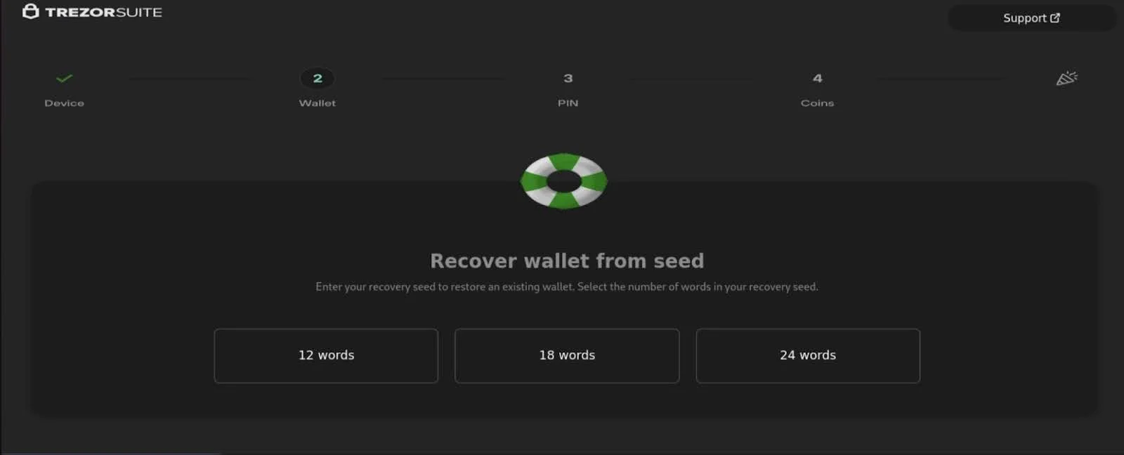 A screenshot of the Treznor "recover wallet from seed" screen.