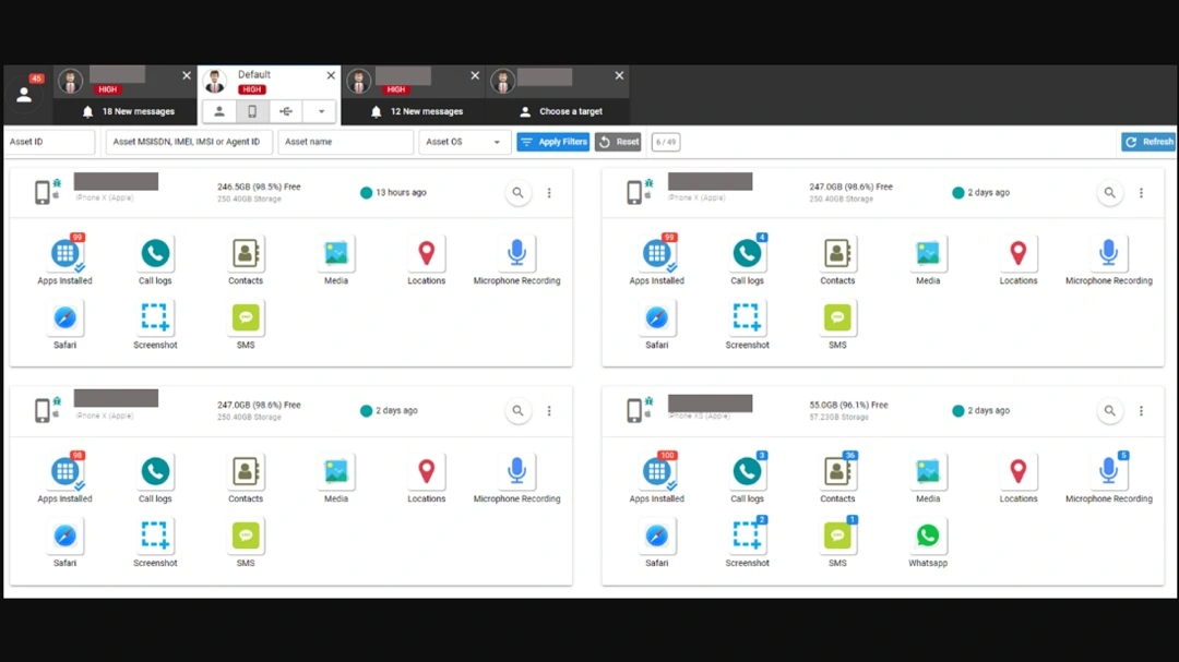 An image of the Predator spyware user interface or control panel.
