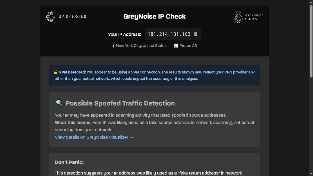 A screenshot showing how GreyNoise IP Check can tell if users have their VPNs on.