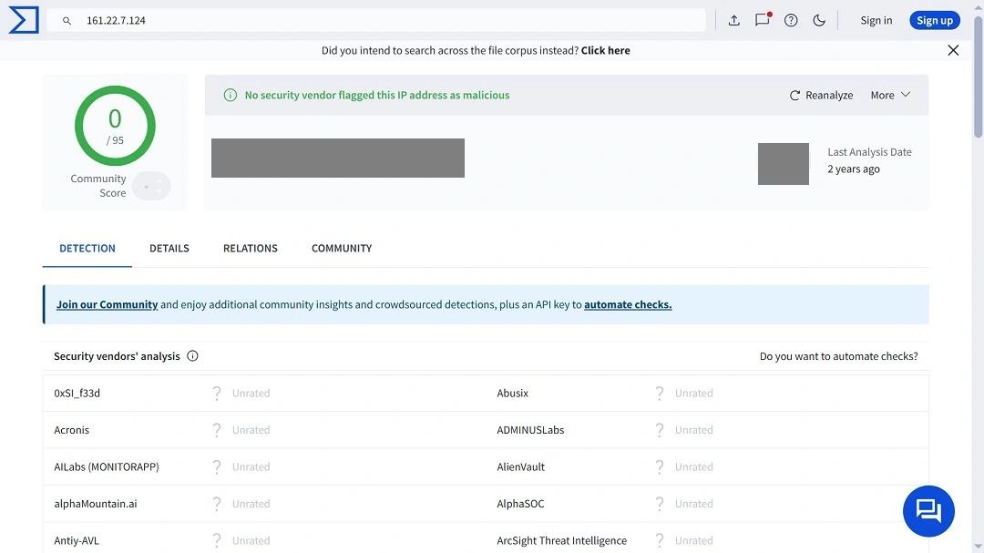 A screenshot of an IP scan on VirusTotal returning a more detailed analysis.