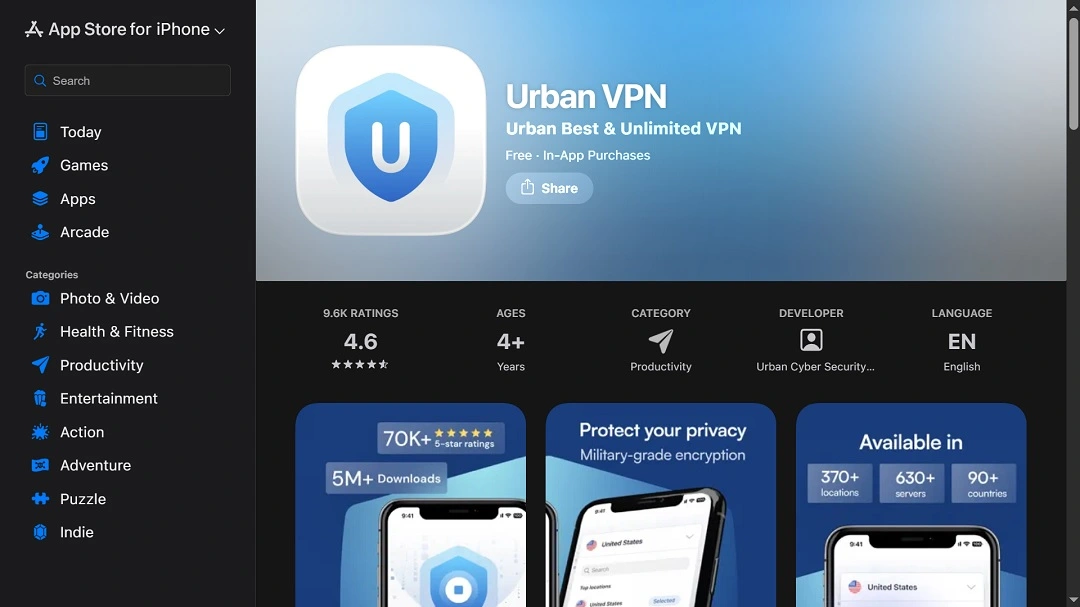 A screenshot of the Urban VPN iPhone app in the official Apple App Store.