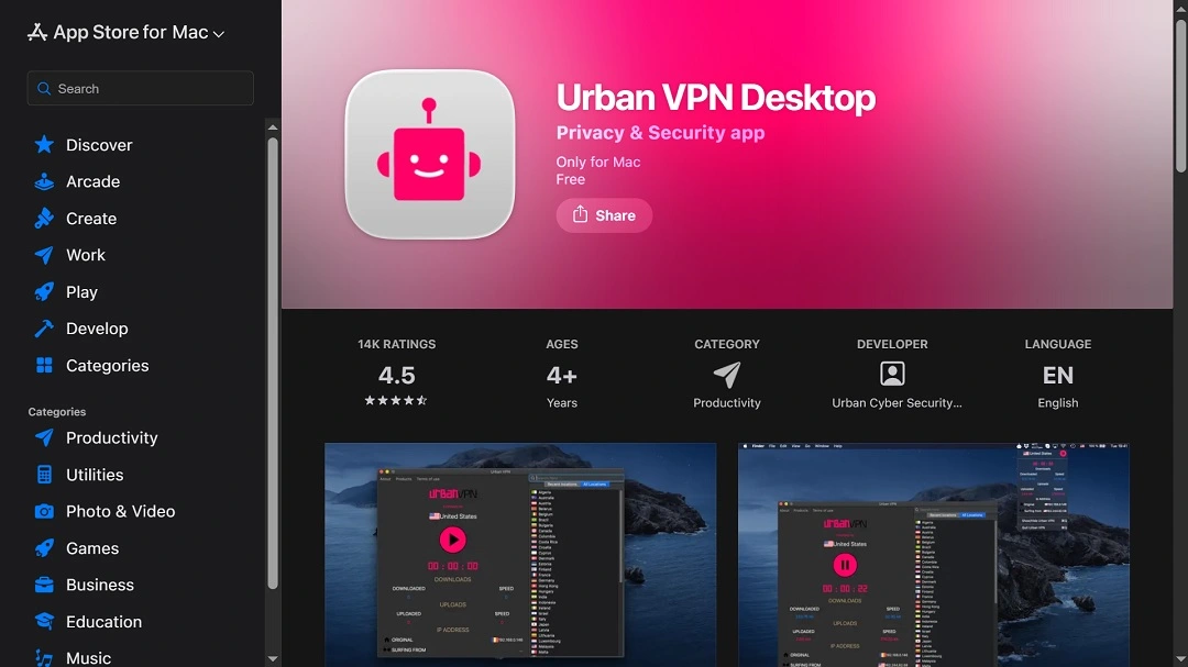A screenshot of the Urban VPN Desktop app in the official Apple App Store.