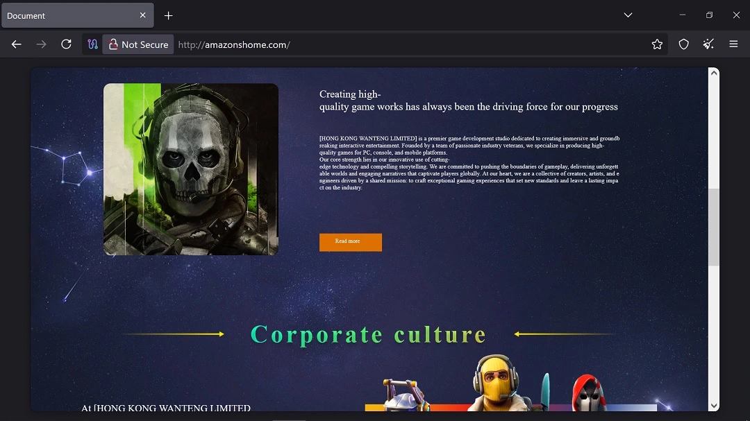 A screenshot of a fake site that uses the word "Amazon" in its URL.