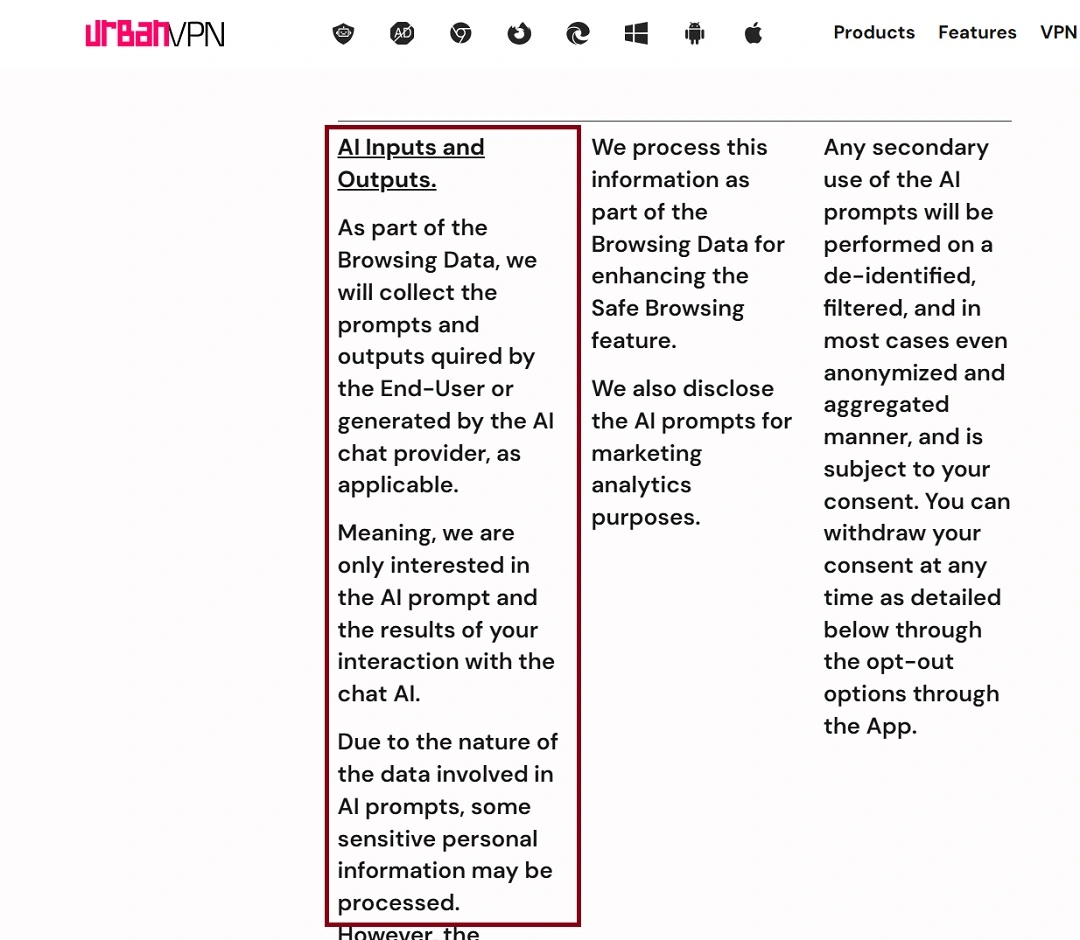 A screenshot of Urban VPN's privacy policy.