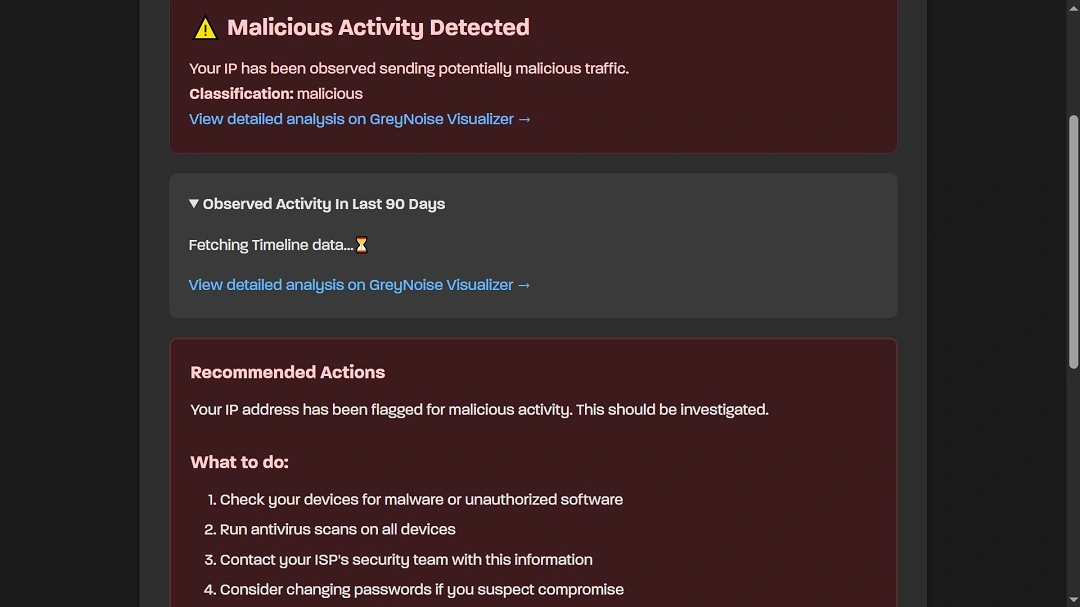 A screenshot showing an example of a "malicious" IP flag on GreyNoise IP Check.