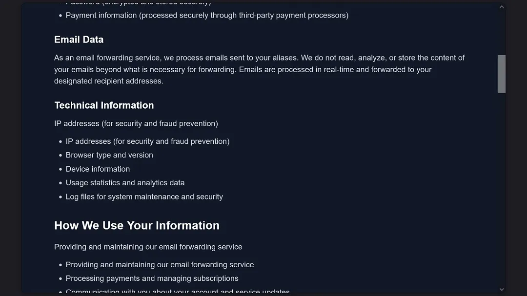 A screenshot of the AliasGuard privacy policy.