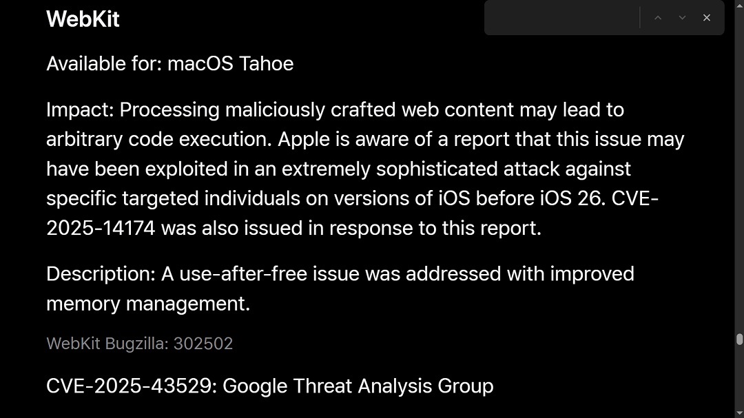 A screenshot of the Apple security update that addresses Predator malware.