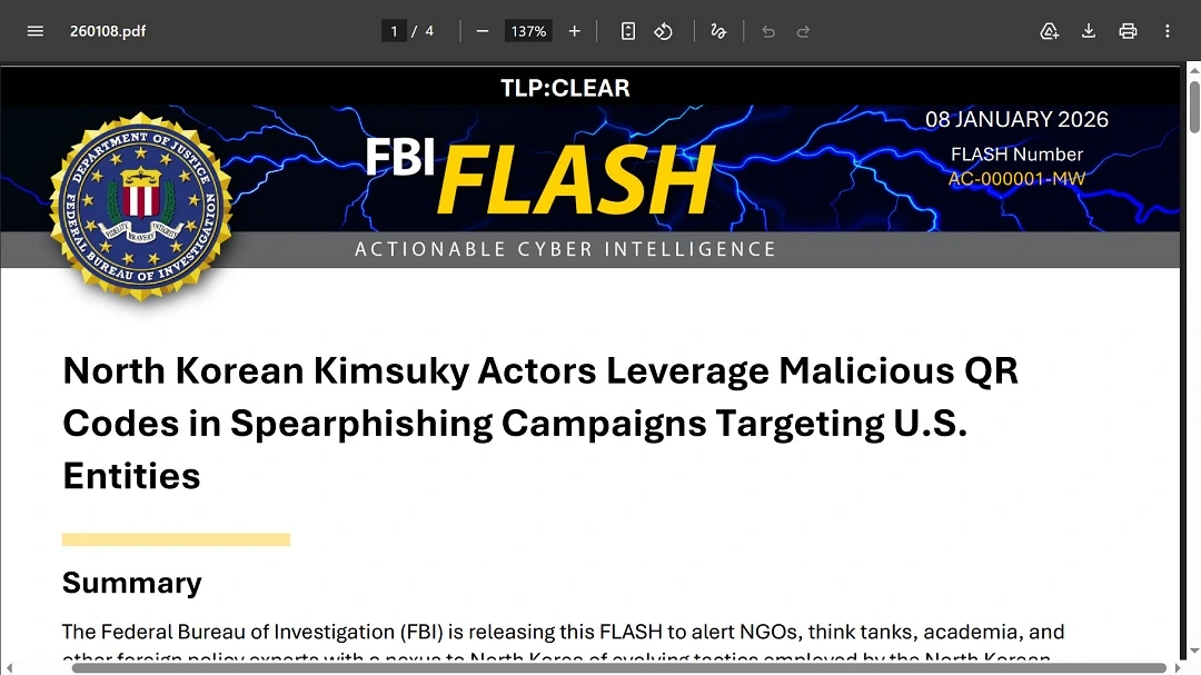 An image of the FBI Flash alert for the new North Korean hacker campaign.