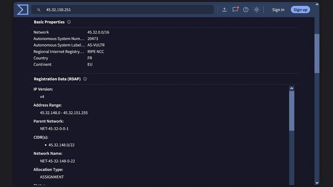 WHOIS data of the IP where the Mac version of Glassworm exfiltrates all stolen data.