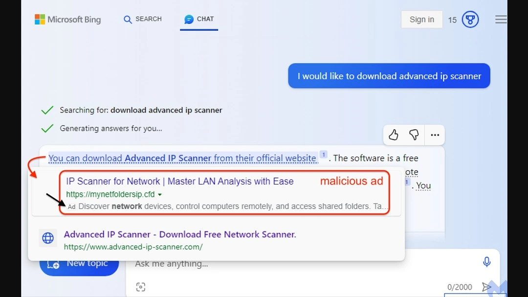 A screenshot of a malvertising campaign discovered by Malwarebytes on BingChat in 2023, then powered by ChatGPT.