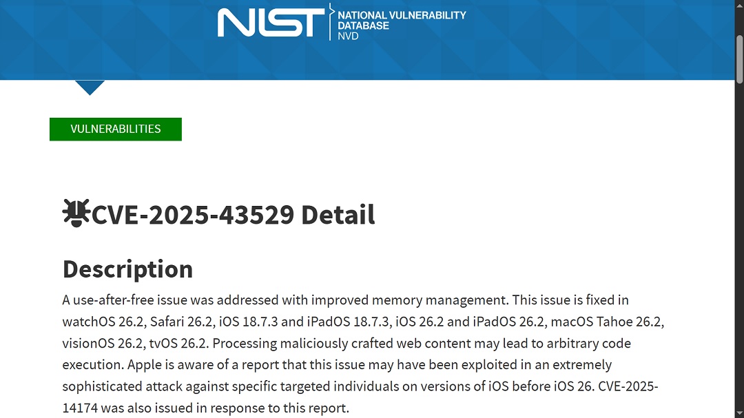 NIST listing of CVE-2025-43529.