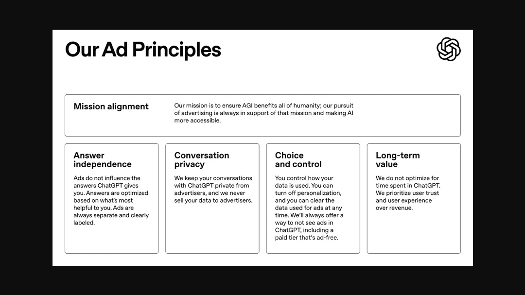 A screenshot of ChatGPT's "principles" for ads.