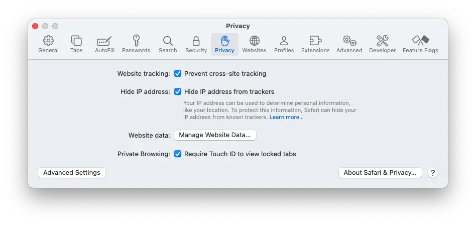 A screenshot of the Privacy settings in Safari.