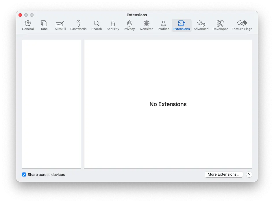 A screenshot of the Extensions settings in Safari, with no extensions currently present.