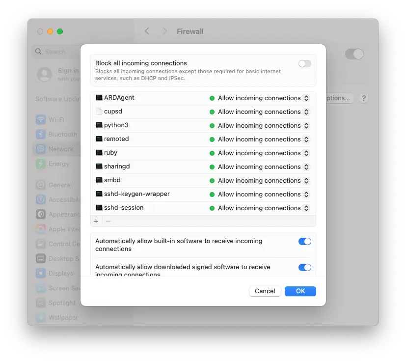 A screenshot showing the Firewall settings to block incoming connections.