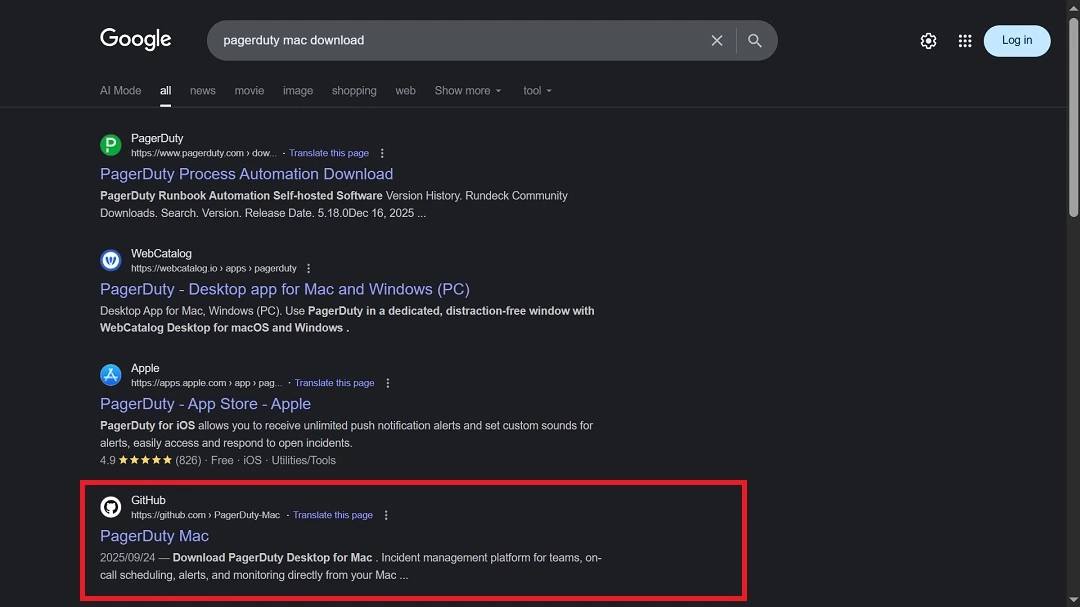 A screenshot of the malicious link that appeared in Google Search results for "PagerDuty Mac download."