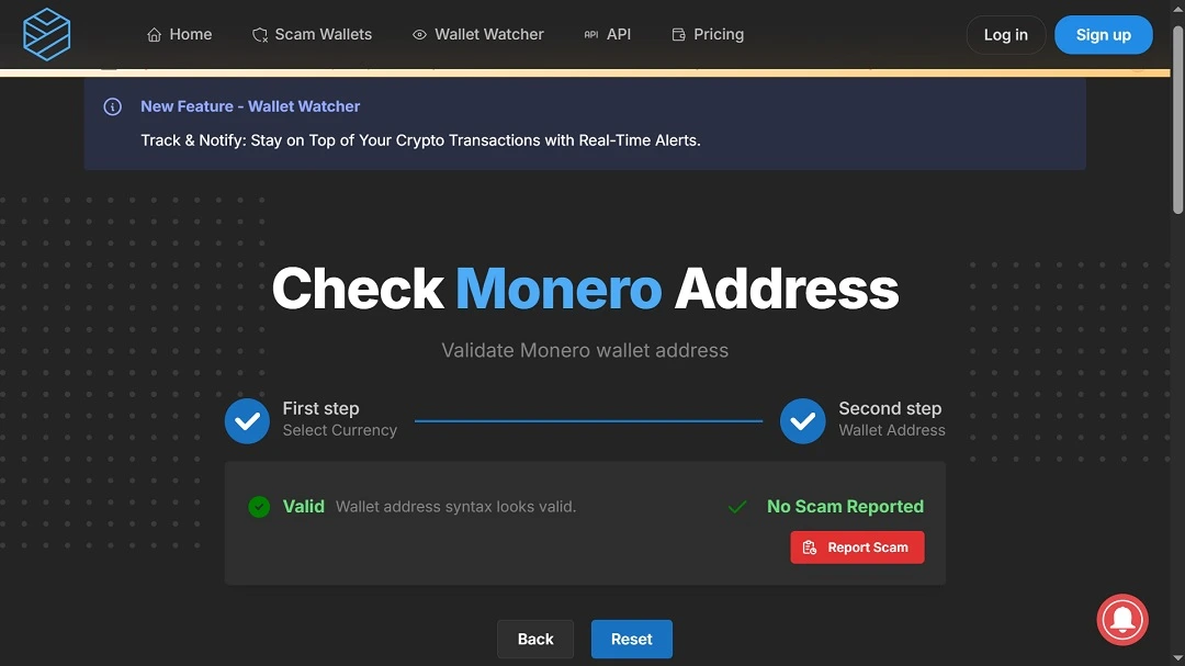 An image of the "Check Monero Address" page.