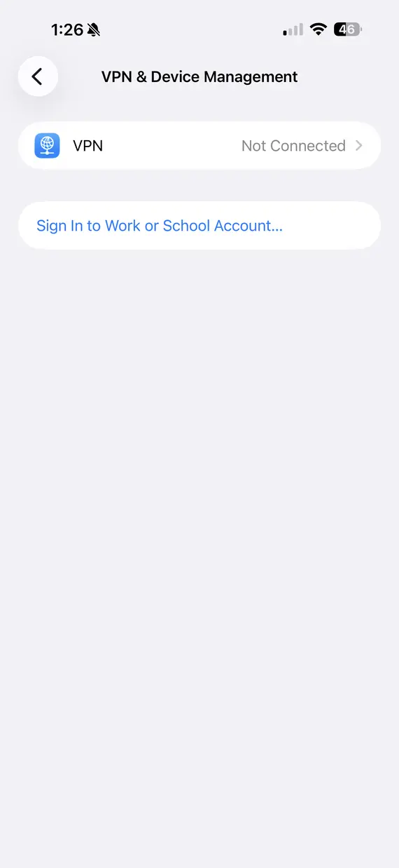 Screenshot from an iPhone showing the VPN & Device Management option in the Settings menu