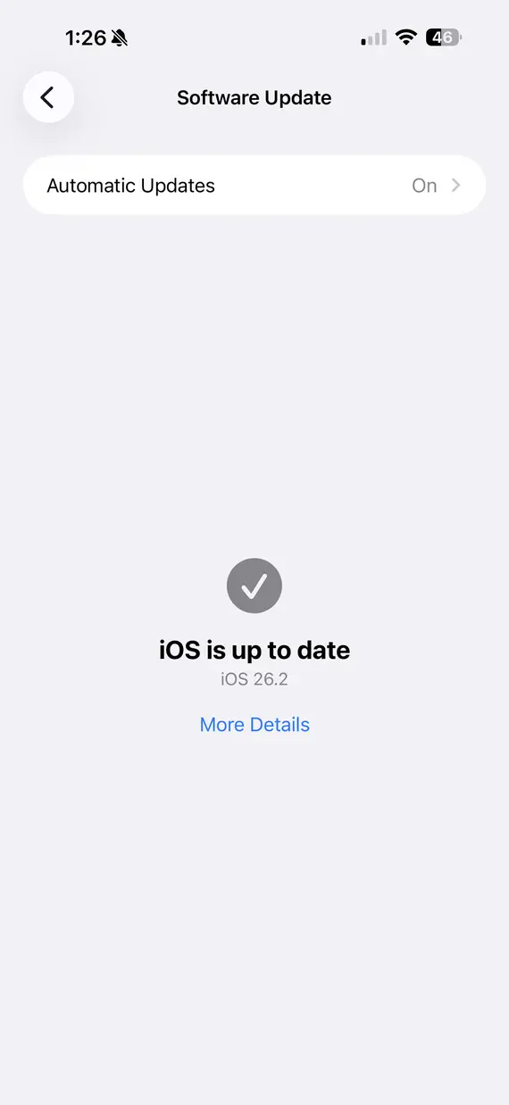 Screenshot from an iPhone showing there are no software updates available.