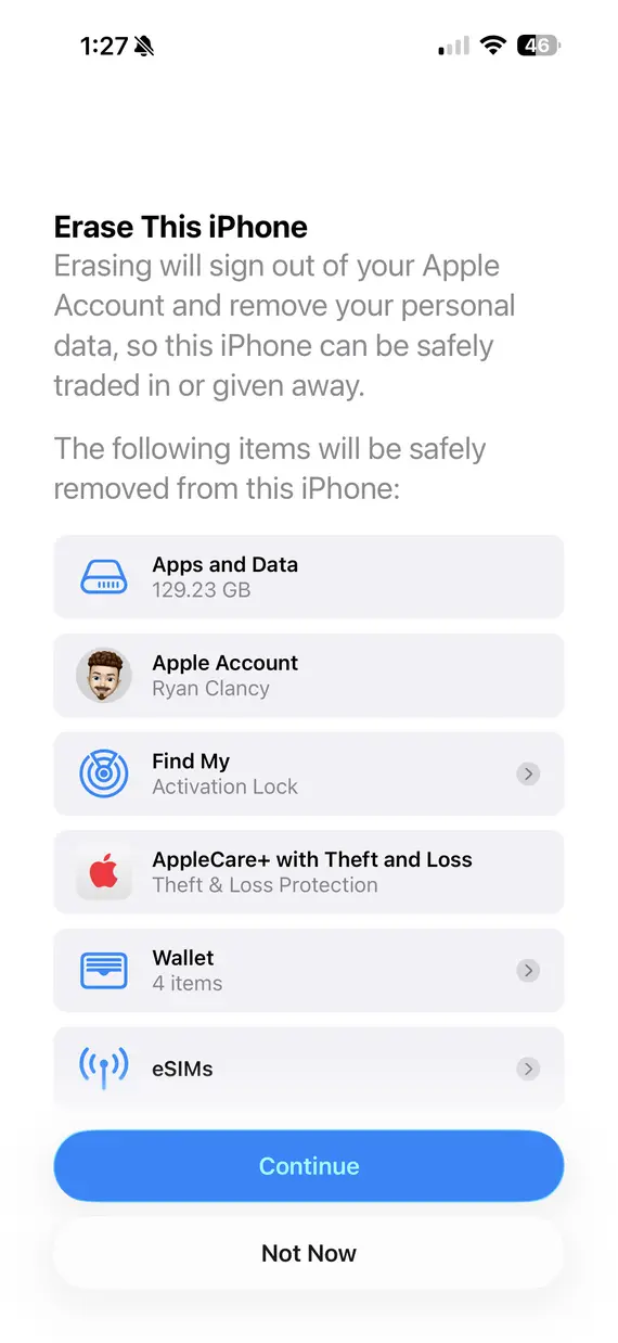Screenshot from an iPhone showing the data that will be deleted if the iPhone is factory erased.