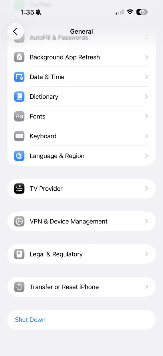 Screenshot from an iPhone showing where to access the VPN & Device Management option