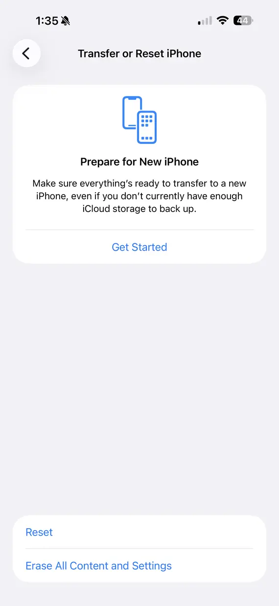 Screenshot from an iPhone showing where to find the factory reset option.